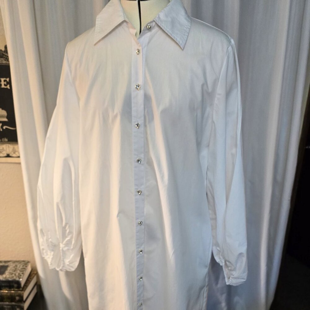 For Cynthia White Button Up Shirt Dress - Rhinestone Heart Buttons